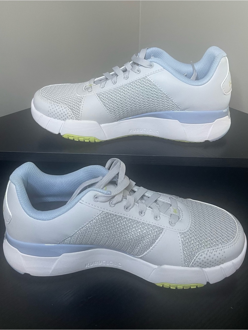 KURU Women's White & Light Blue Athletic Sneakers with Lime Accents